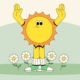 Cartoon sunshine with hands up towards sky on patch of grass with flowers